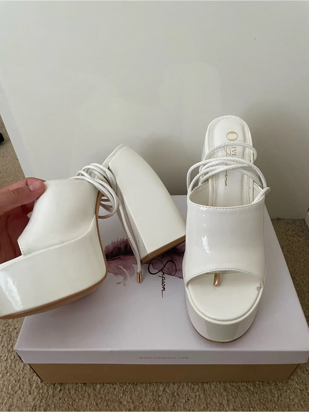White Platform Lace-Up Chunky Heel Mules